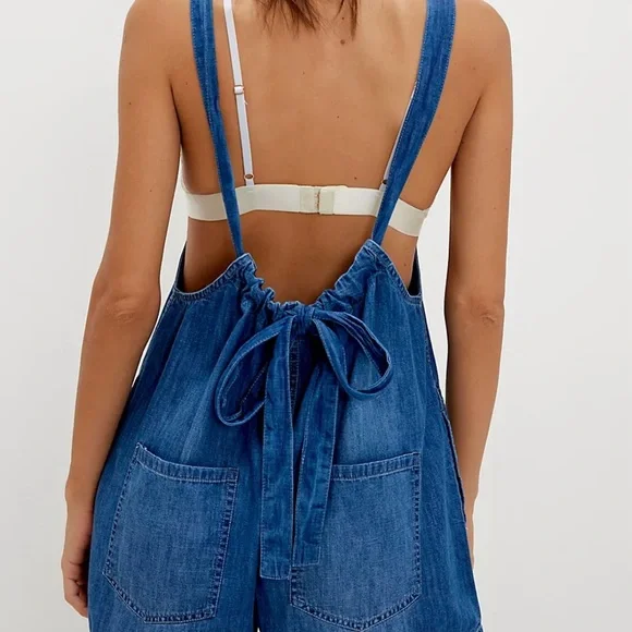 We The Free Freebird Shortalls Blue Denim Overall Romper - Picture 2 of 5